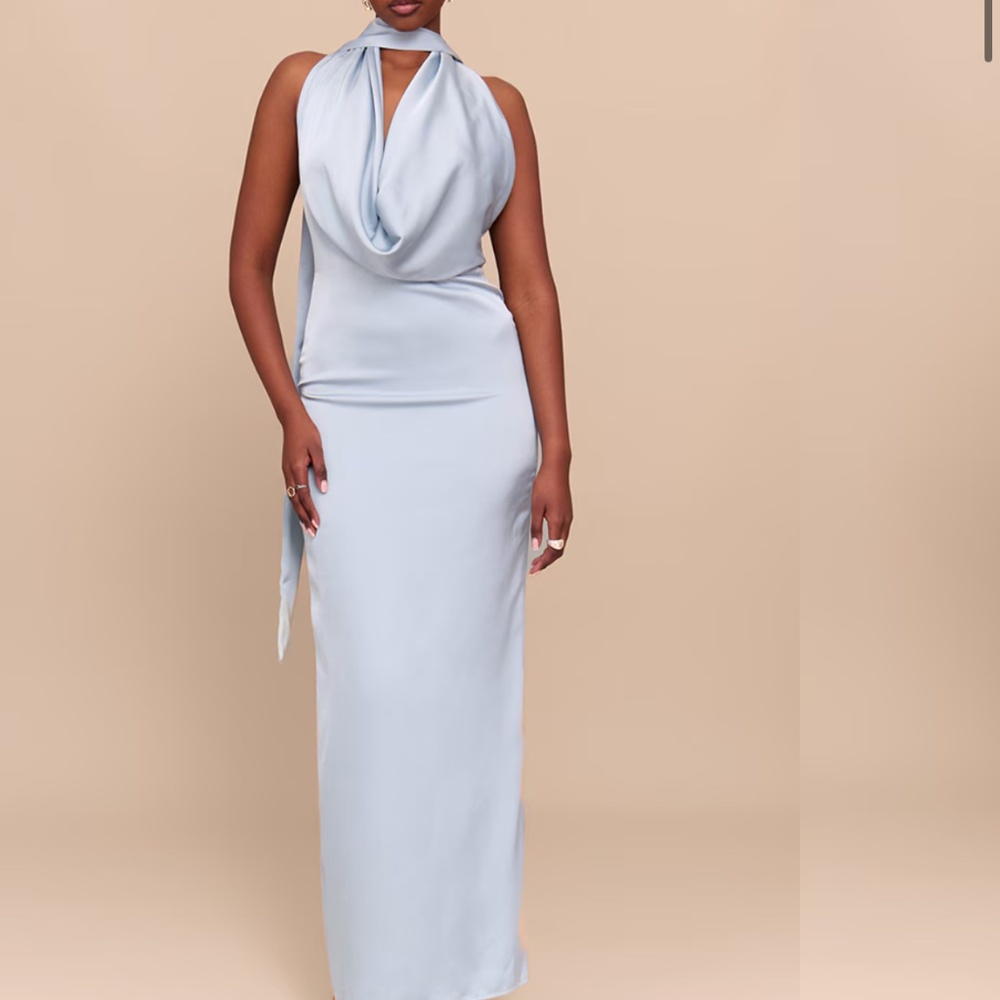 Baby blue satin cowl neck midi dress